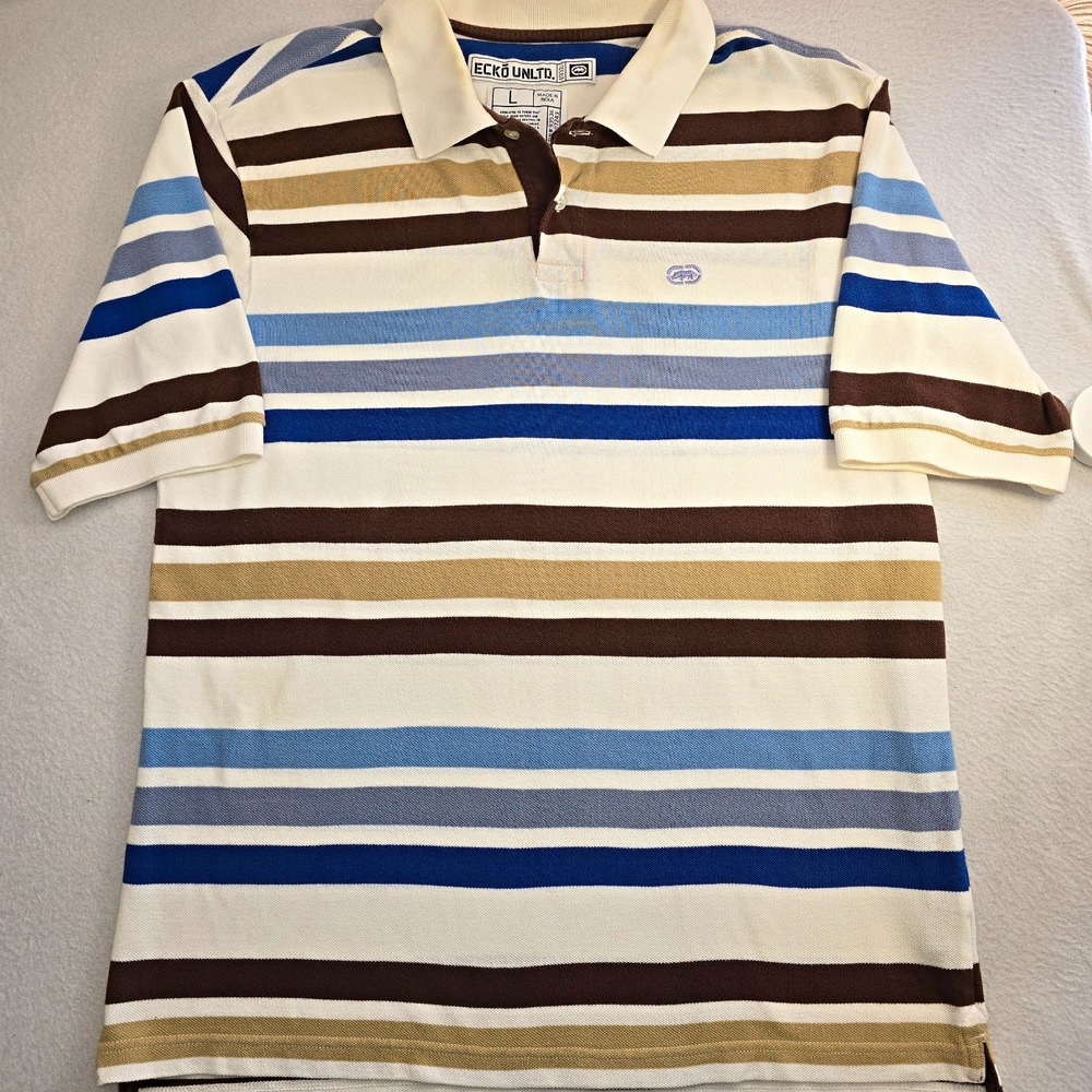 Vtg Ecko Unltd Striped Polo L Y2K Hip Hop Skater Rhino Distressed Brown Blue....